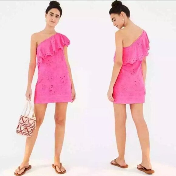NWT FARM Rio Dress Vibrant Pink One-Shoulder‎ Tropical Eyelet Lace Size Small - Picture 1 of 9